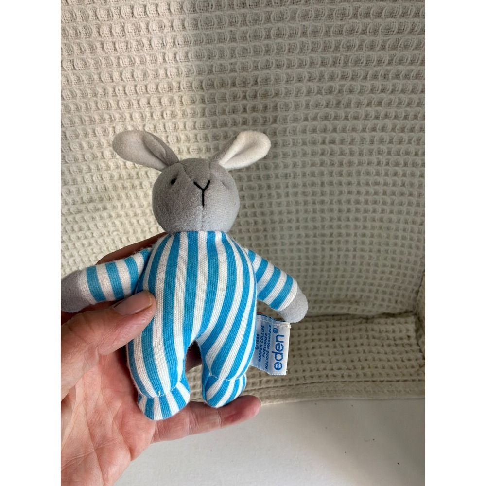 Vintage 1992 Unisex Eden Goodnight Moon Bunny Plush 5" Blue White Striped